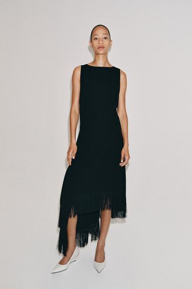 فستان غير متماثل بأهداب ZW COLLECTION - أسود by Zara