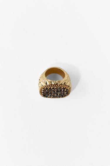 SQUARE RHINESTONE METAL RING - Golden by Zara