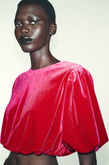 Zara VELVET BALLOON TOP - fuchsia