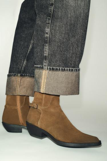 WORN-EFFECT LEATHER ANKLE BOOTS - Brown by Zara