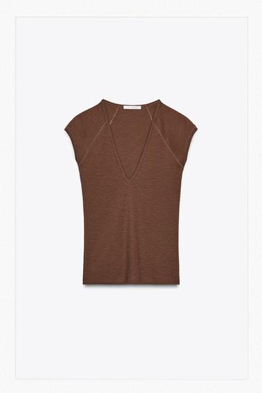 მაისური V-ს ფორმის დეკოლტე RIB - Zara-ს Chocolate