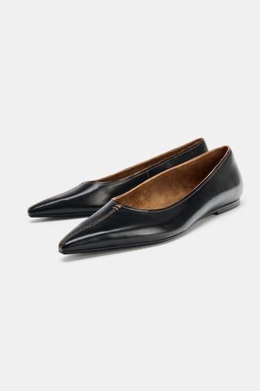 BALLERINES EN CUIR AVEC SURPIQÛRES - Noir de Zara - Image 2