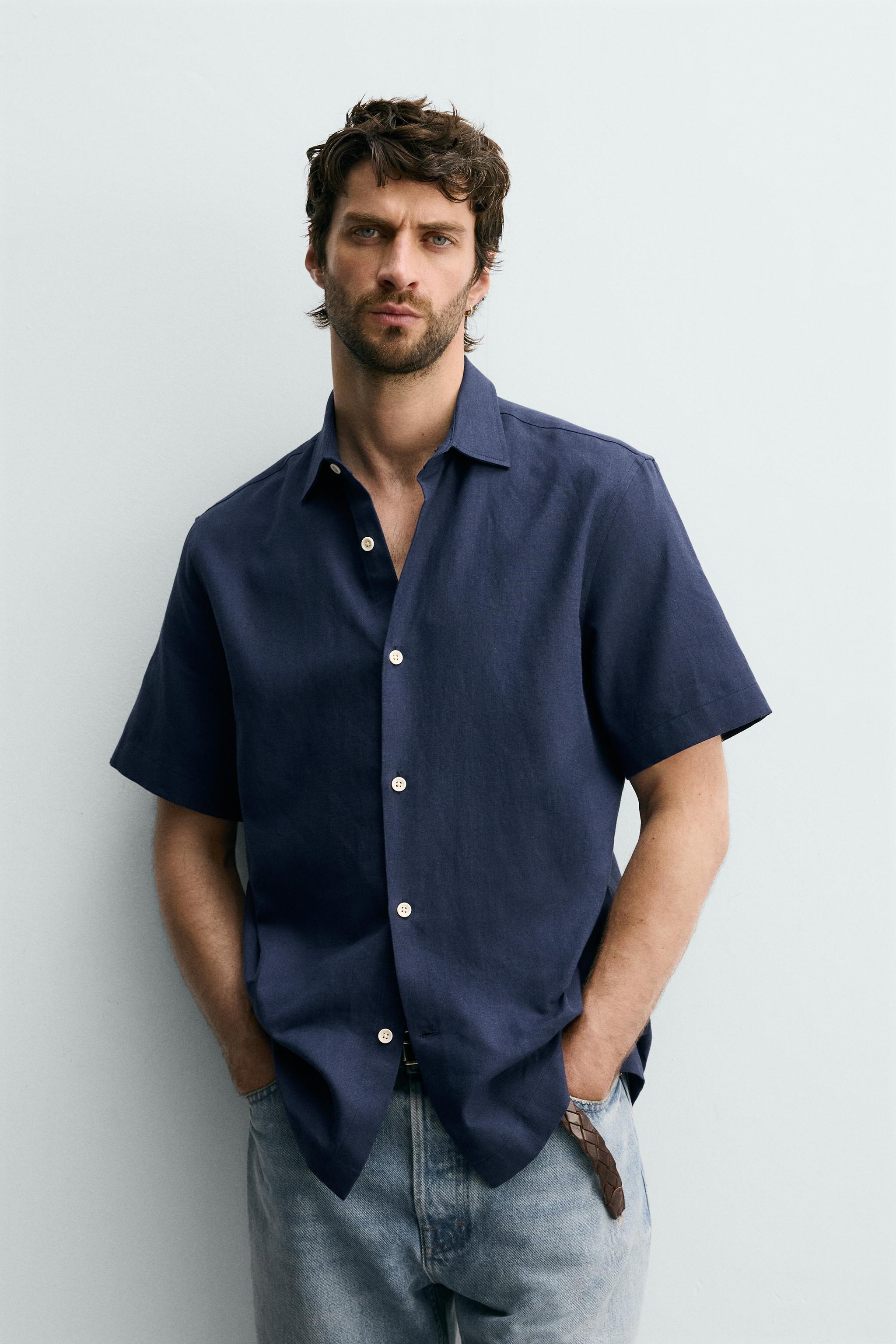 TEXTURED LINEN COTTON BLEND SHIRT — Navy blue (alternate view)