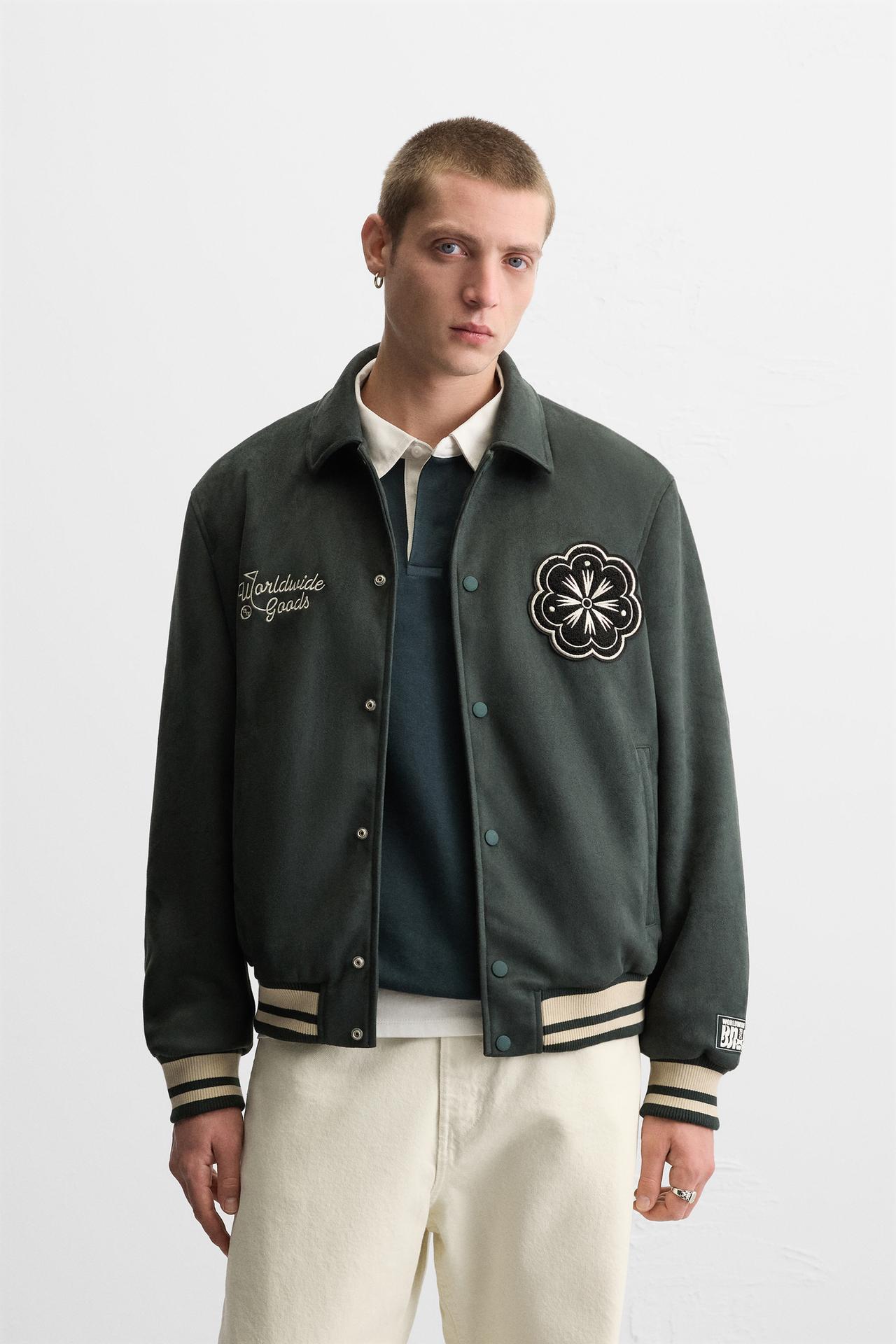 FAUX SUEDE VARSITY JACKET WITH PATCHES - Dark green by Zara