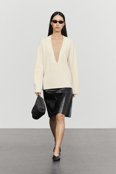 Zara Long-line knit sweater with neckline detail - Tan marl - Image 0