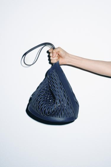 OPENWORK LEATHER SHOULDER BAG - Navy Blue by Zara