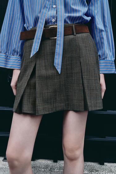 CHECKED SKORT WITH BELT - Grey / Tan by Zara