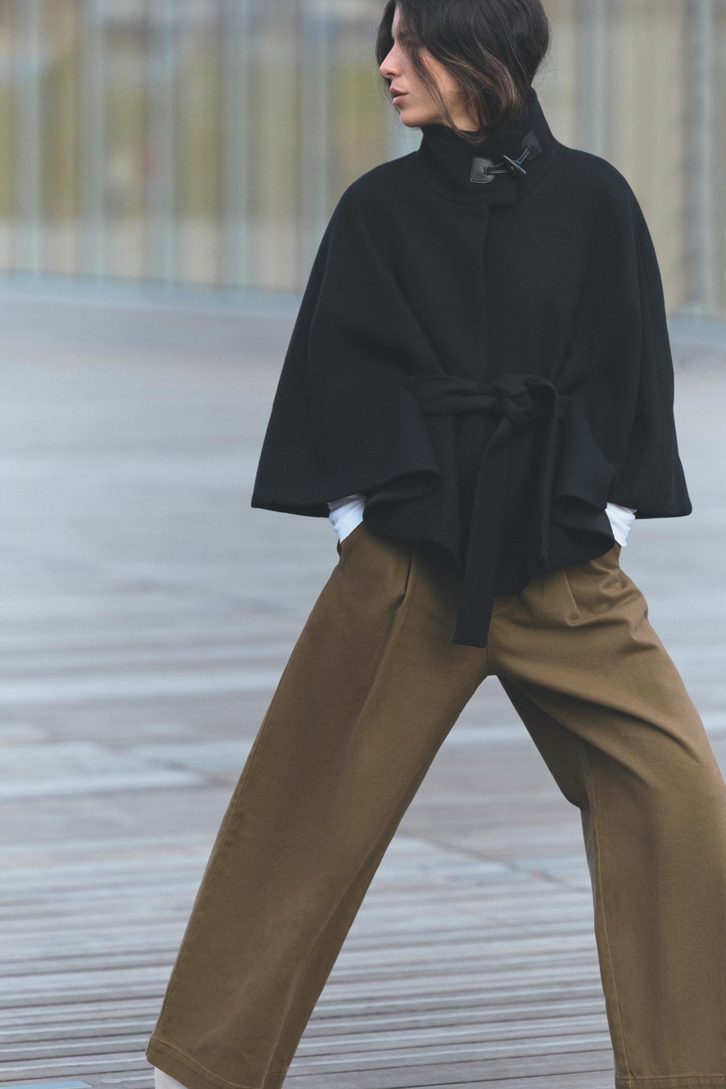 Женское пальто Zara Wool Cape Coat with Belt, цвет: Чёрный