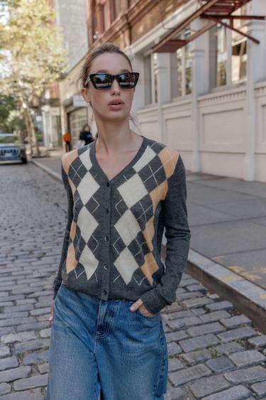 ARGYLE KNIT CARDIGAN - Grey by Zara