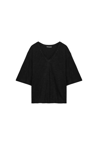 T-shirt con scollo a V in morbido cotone relaxed fit - Magliette Donna