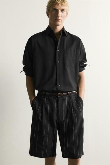 Zara STRIPED PLEATED RELAXED FIT SHORTS - Black
