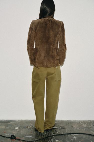 100% LEATHER SUEDE DOUBLE-BREASTED BLAZER - Khaki by Zara - Image 2