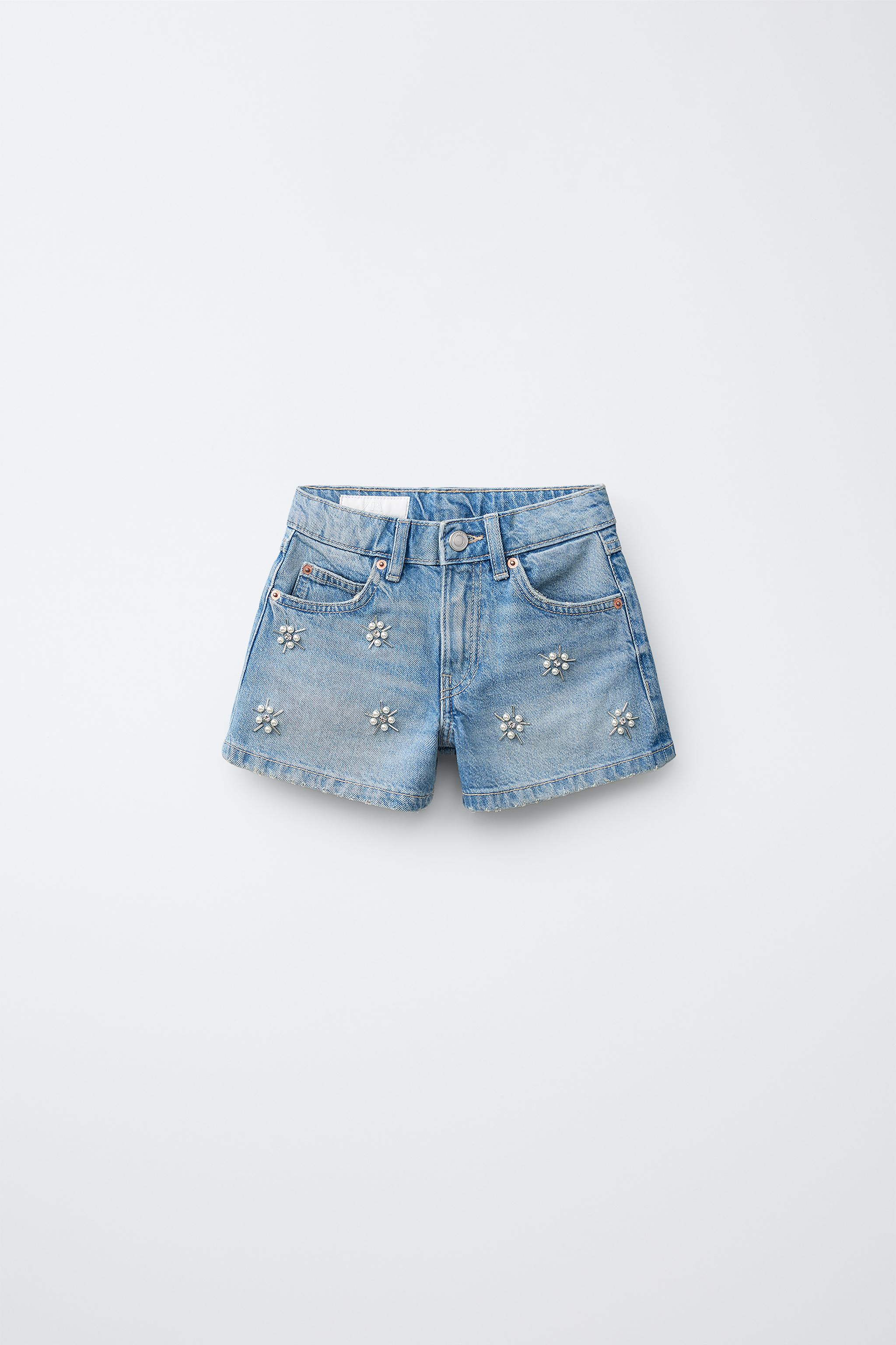 FAUX PEARL DENIM BERMUDA SHORTS - Blue | ZARA Singapore