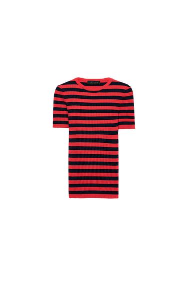 STRIPED RIBBED KNIT TOP - red/navy by Zara
