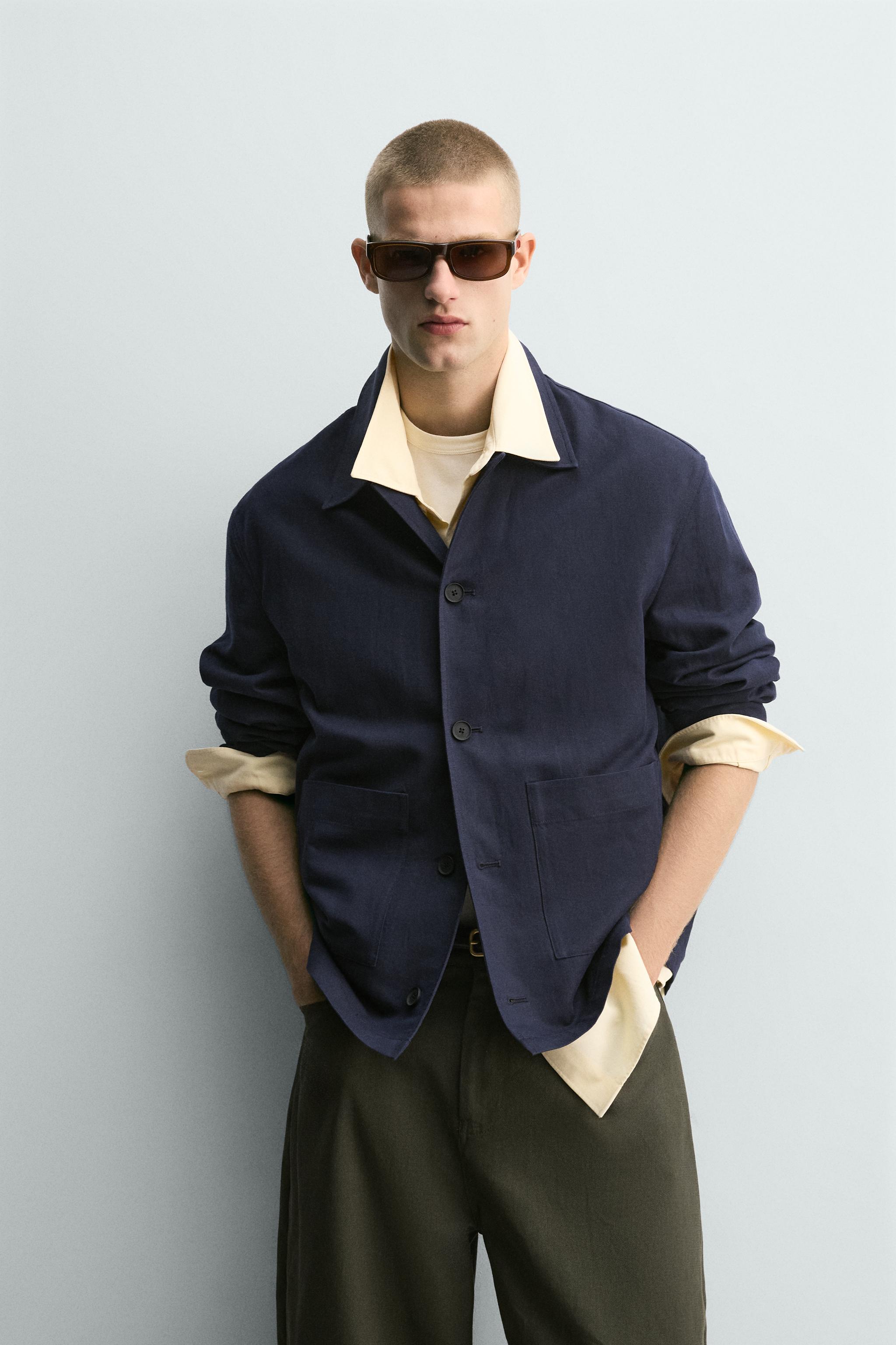 タイムセール【新品タグ付き】ZARA 丨 ネイビー コットンリネンジャケット￼ リラックスフィットコットン＆リネンシャツジャケット - ネイビー