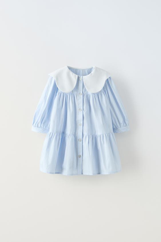 STRIPED POPLIN DRESS - Light blue