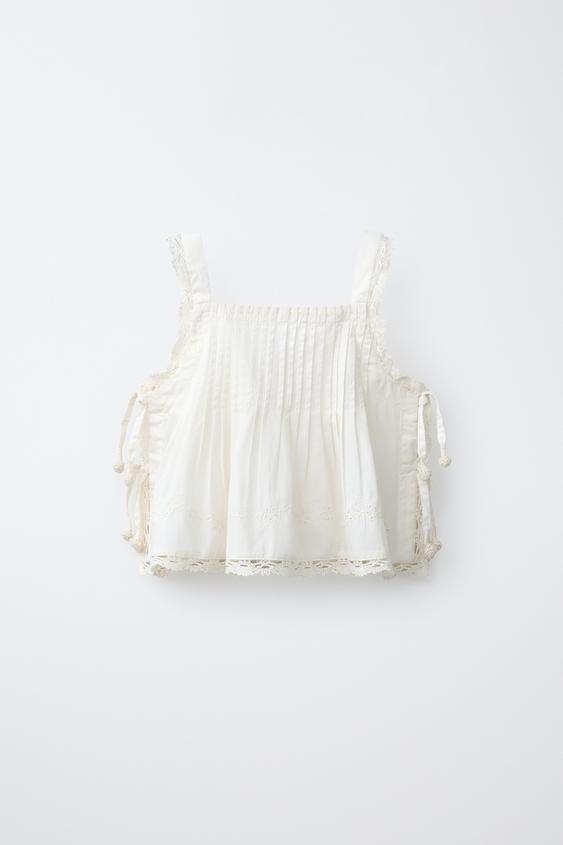 EMBROIDERED TUCK TOP - Oyster-white by Zara - Image 0