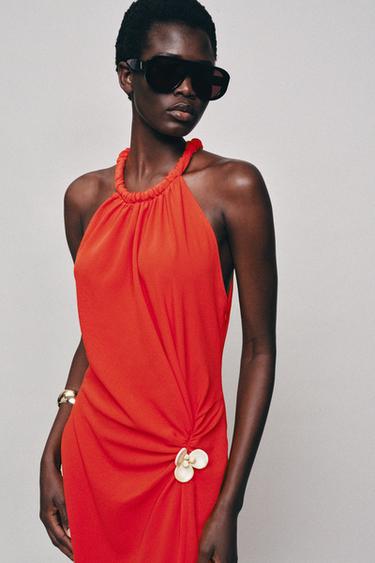 MIDI HALTER DRESS WITH APPLIQUÉ - Coral red by Zara