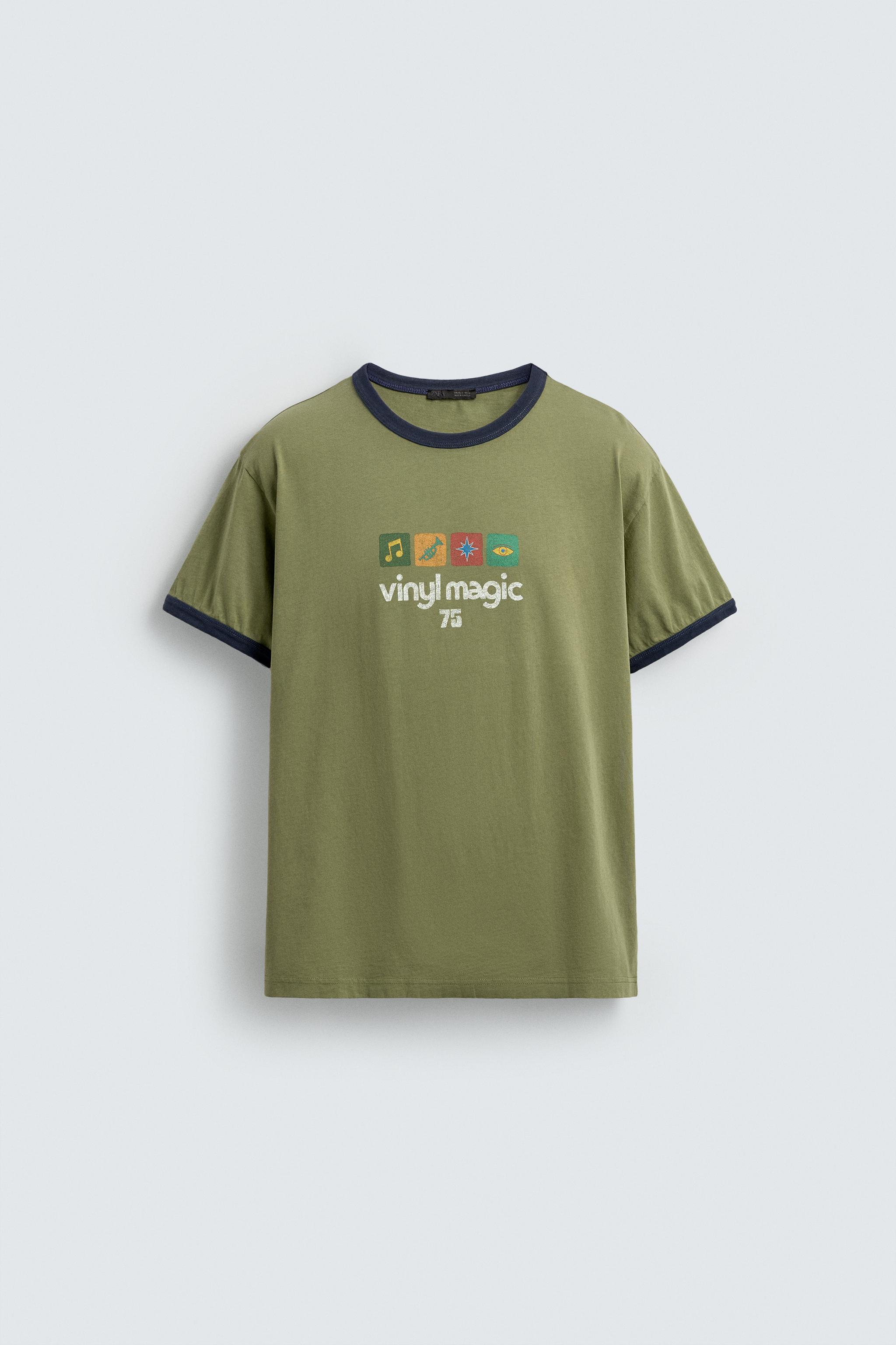 WASHED PRINT CONTRAST RIB T-SHIRT - Khaki | ZARA United States