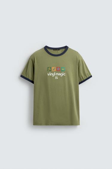CONTRAST RIB WASHED-PRINT T-SHIRT - Khaki by Zara