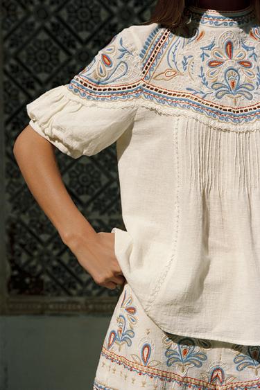 EMBROIDERED SHORT SLEEVE BLOUSE - Ecru by Zara - Image 2