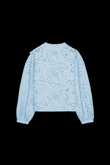Zara PERFORATED EMBROIDERY SHIRT - Pastel blue