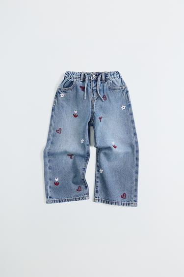 EMBROIDERED FLUID WIDE-LEG JEANS - Light blue by Zara