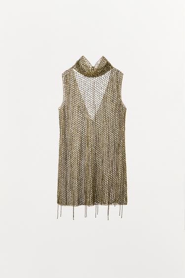 EMBROIDERED BEADED MINI DRESS - Golden by Zara - Image 6
