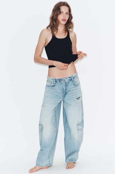 Zara TRF MID-RISE RIPPED BARREL CARGO JEANS - Light blue