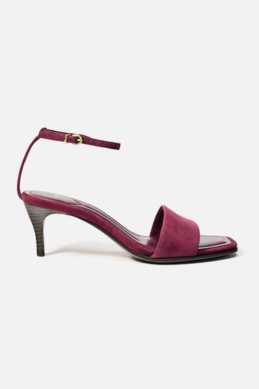 SANDÁLIA DE TACÃO MÉDIO EM CAMURÇA - Vermelho-bordeaux da Zara