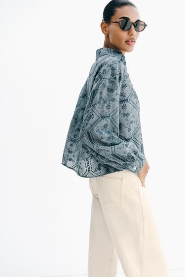 SHIRT WITH CUTWORK EMBROIDERY - Blue by Zara - Image 4