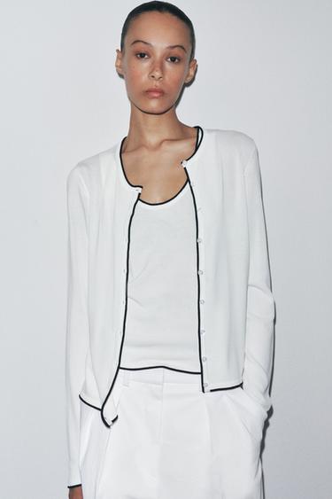 Zara TRIM KNIT TOP - White / Navy - Image 0