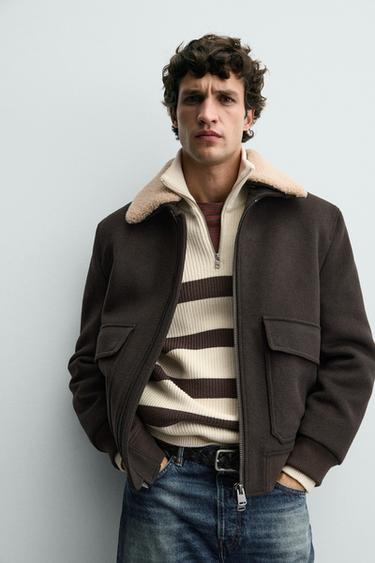 WOOL BLEND JACKET WITH CONTRAST COLLAR - Brown by Zara