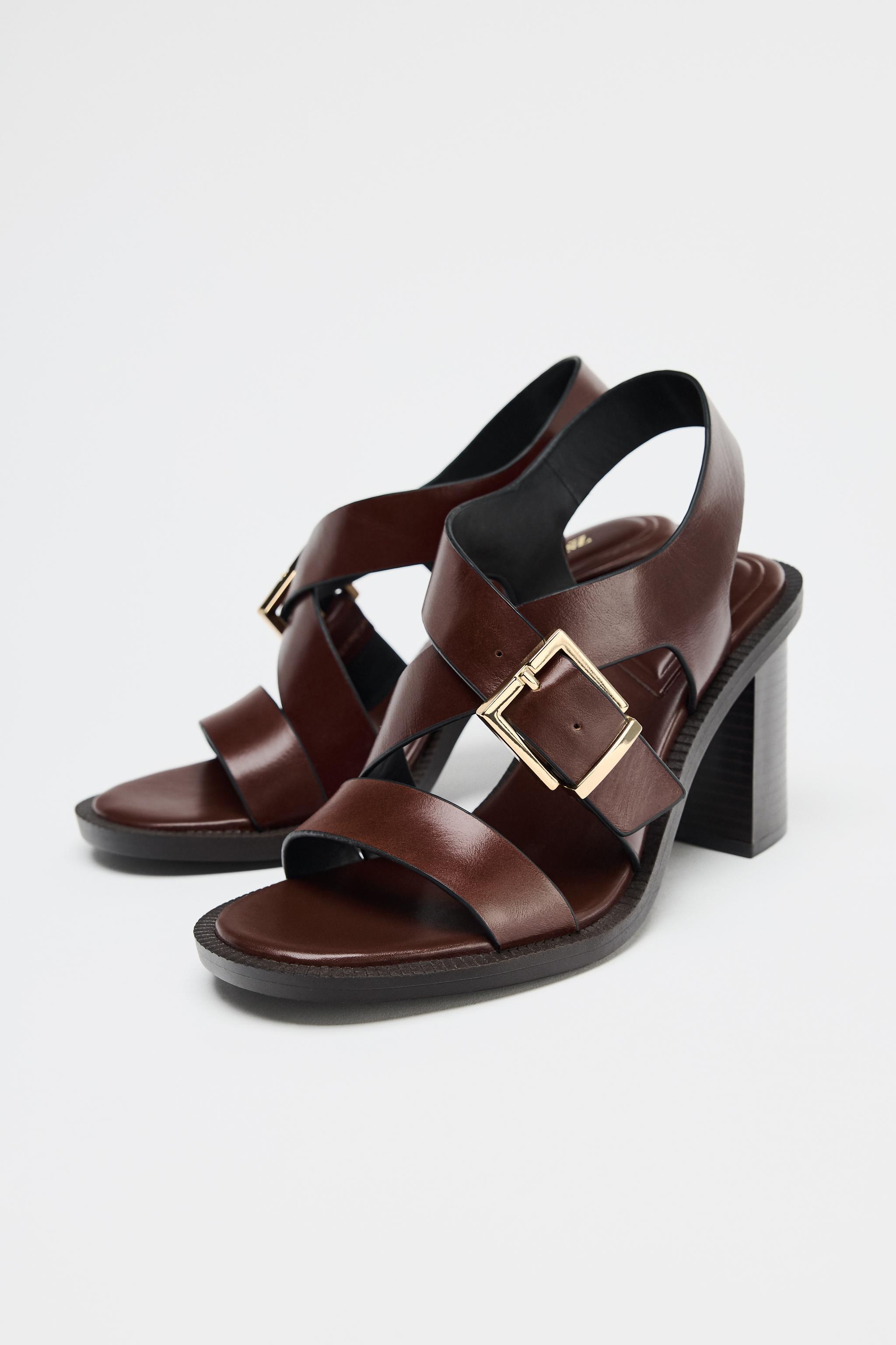 バックル付きレザーハイヒールサンダル - ブラウン | ZARA Japan