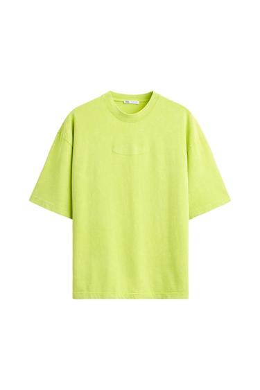 Lime green short-sleeved crew-neck t-shirt, with visible label inside the collar. White background.