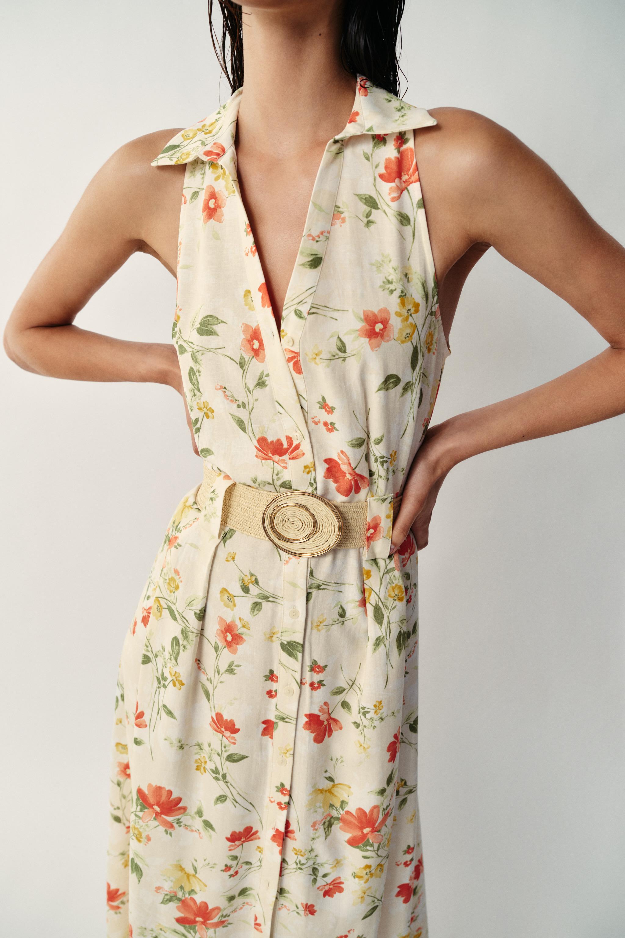 Zara Çiçek Desenli Kemerli Midi Elbise görsel 2