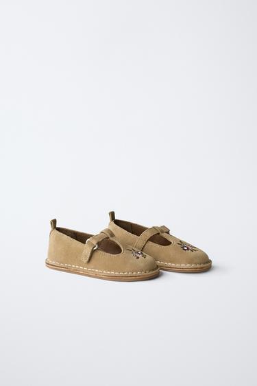 EMBROIDERED LEATHER T-BAR BALLET FLATS - Sand Brown by Zara