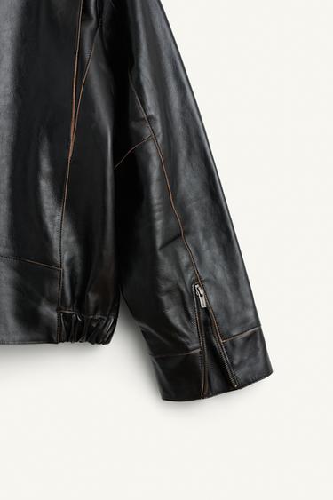 BLOUSON DE MOTARD EN CUIR - Noir / Marron de Zara - Image 8