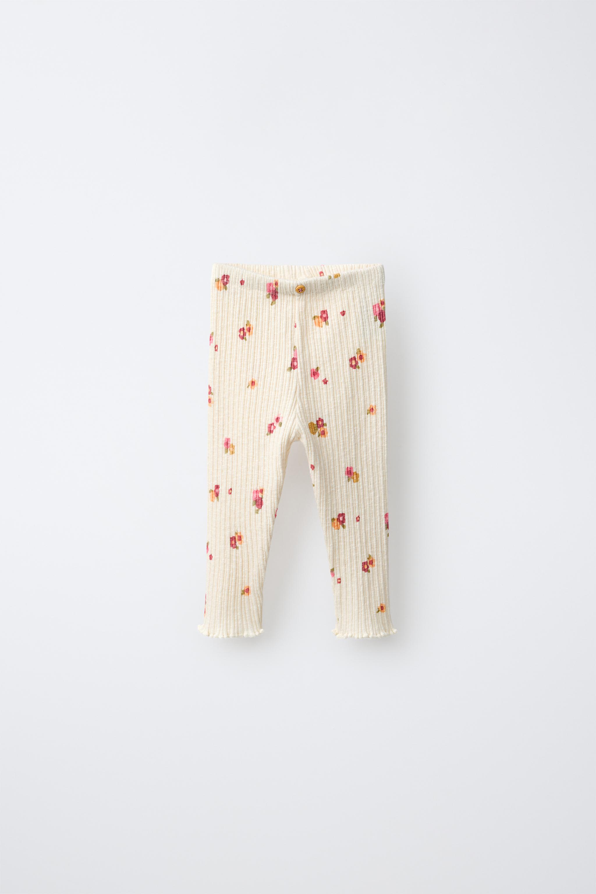 FRUIT PRINT RIBBED LEGGINGS — Light ecru