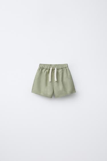 Zara LINEN AND COTTON BERMUDA SHORTS - Khaki