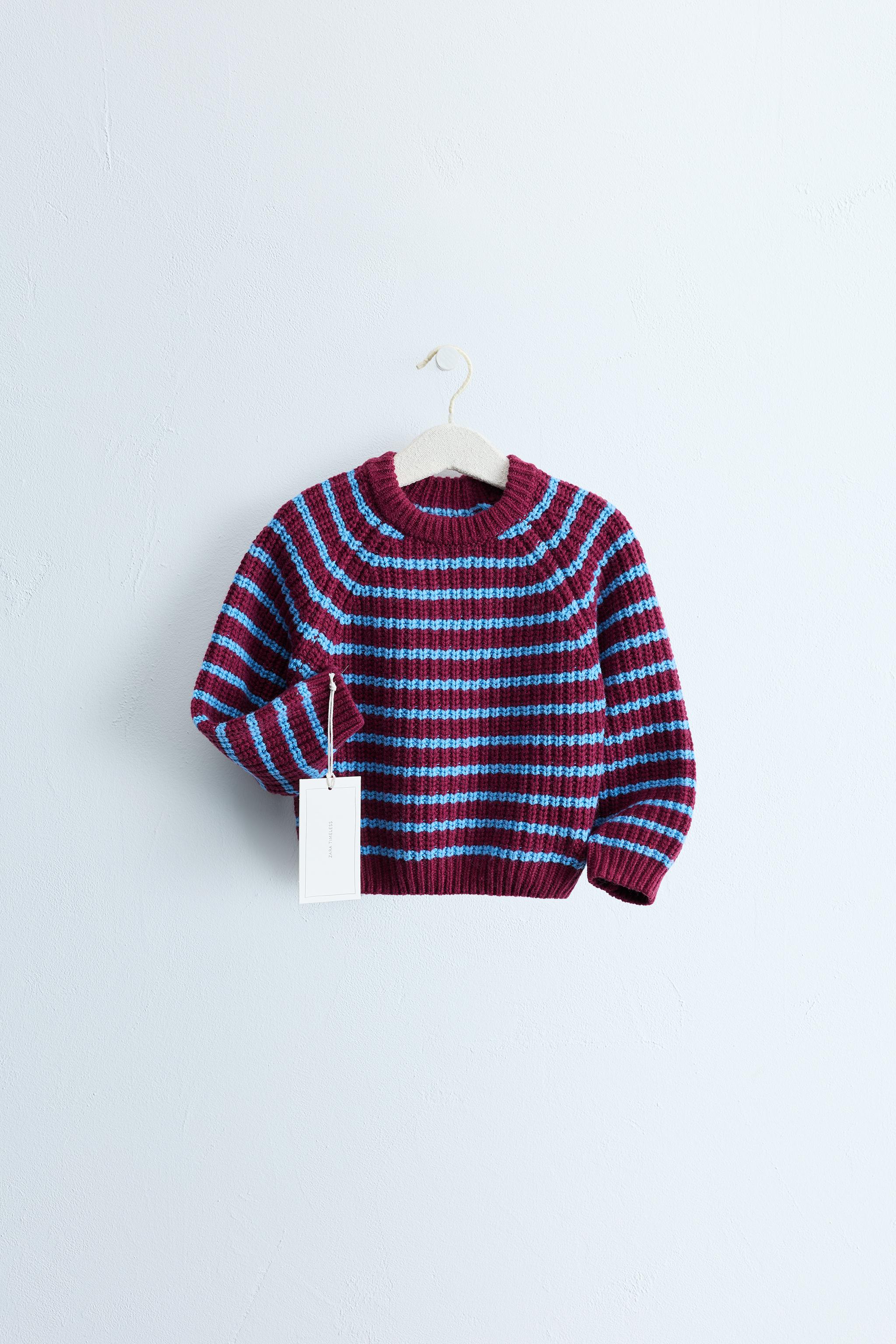 ZARA TIMELESS - STRIPED COTTON-WOOL BLEND SWEATER — Burgundy