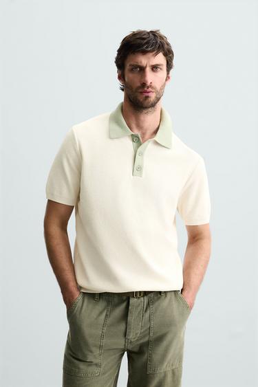 CONTRAST KNIT POLO SHIRT - Ecru / Green by Zara