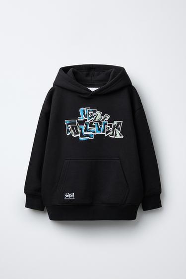 Zara GRAFFITI PRINT HOODED SWEATSHIRT - Black