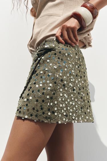 KNOTTED SEQUINNED SKORT - Khaki by Zara - Image 5