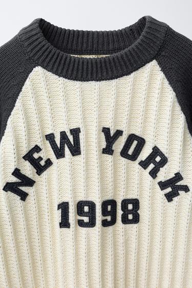 KNIT JUMPER WITH TEXTURED SLOGAN - Ecru / Navy by Zara - Image 2