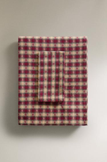MANTEL HILO TINTADO CUADROS NAVIDAD - Rojo oscuro de Zara