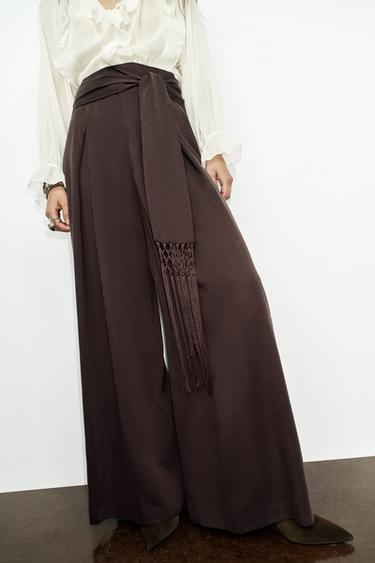 Zara FRINGE BELT TROUSERS - Brown