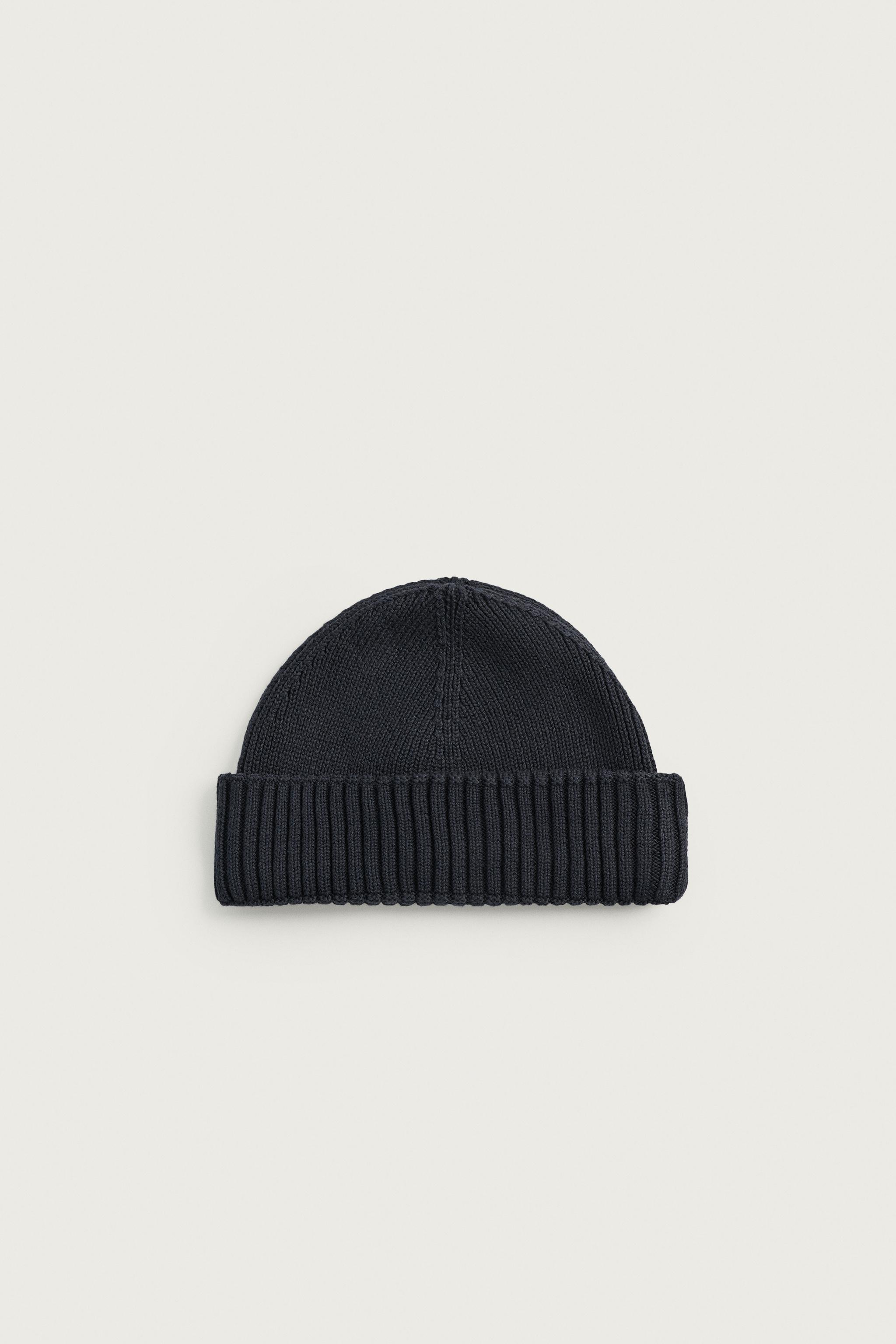 COTTON BLEND SHORT KNIT BEANIE — navy