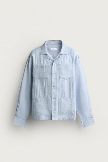Zara 100%亞麻寬鬆褶皺襯衫 - 天藍色