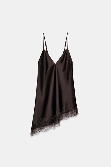 TOP LENCERO SATINADO ENCAJE - Marrón de Zara